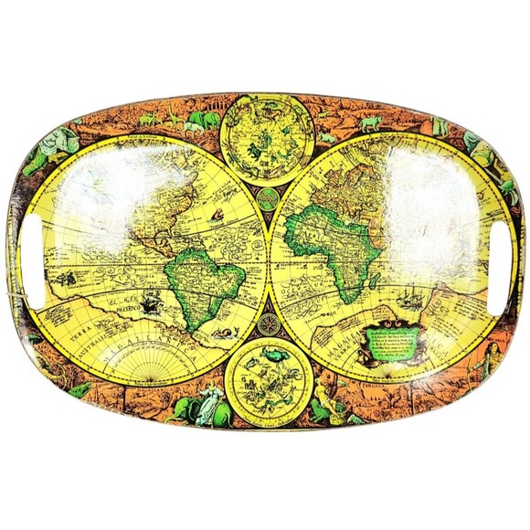 Vintage MCM Old World Map Fiberboard Set of Three Serving Trays Made in Japan - Picture 4 of 11